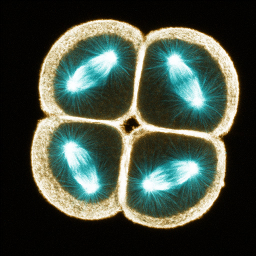 Mitotic spindles in the four animal blastomeres of an eight-cell purple urchin embryo, fixed and stained with anti-tubulin (blue) and phalloidin (orange); projected from serial half-micron sections (George von Dassow)